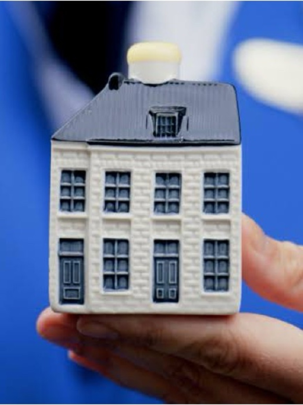 White and Navy Ceramic Mini House Accent - Unbranded